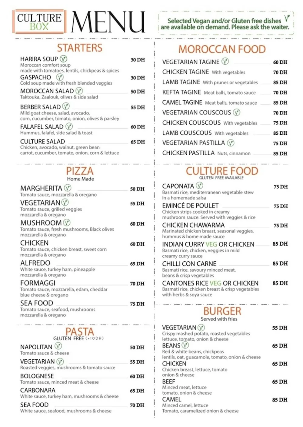 The printed Culture Box menu board photographed in the restaurant